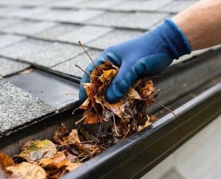 Gloved hand pulling wet leaves and debris out of a residential gutter